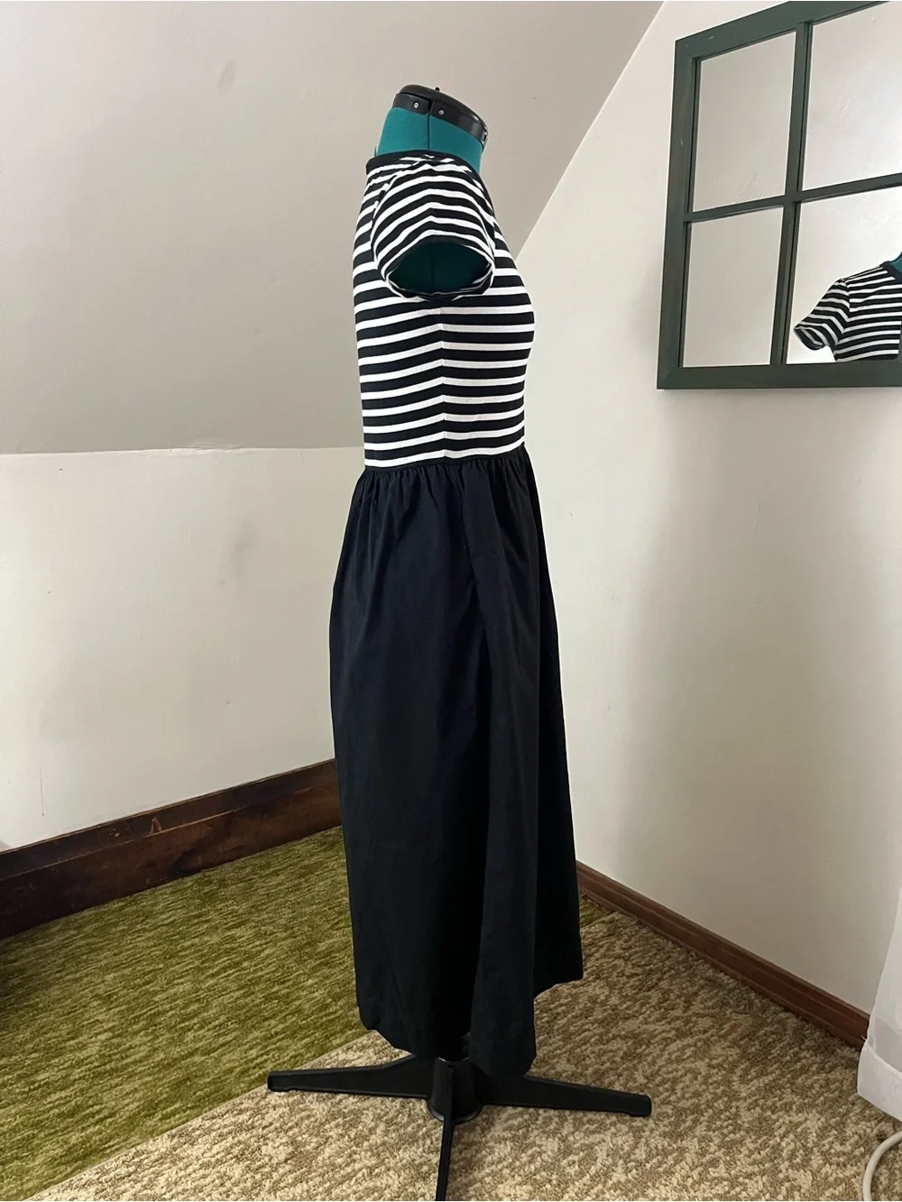 J. Crew Mixed Media Black & White Striped Short-Sleeve Midi Dress